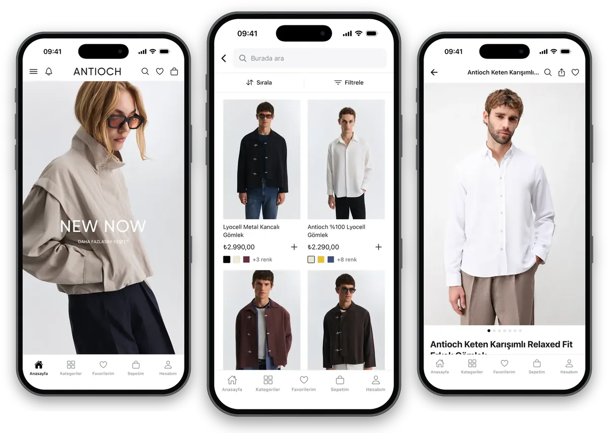 Mobile App von Antioch: Startseite, Kategorieliste und Produktseiten