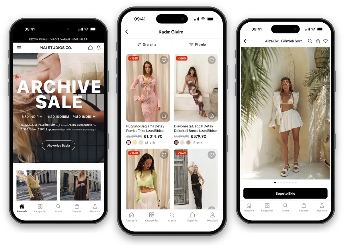 Mobile App von Mai Studios: Startseite, Kategorieliste und Produktseiten