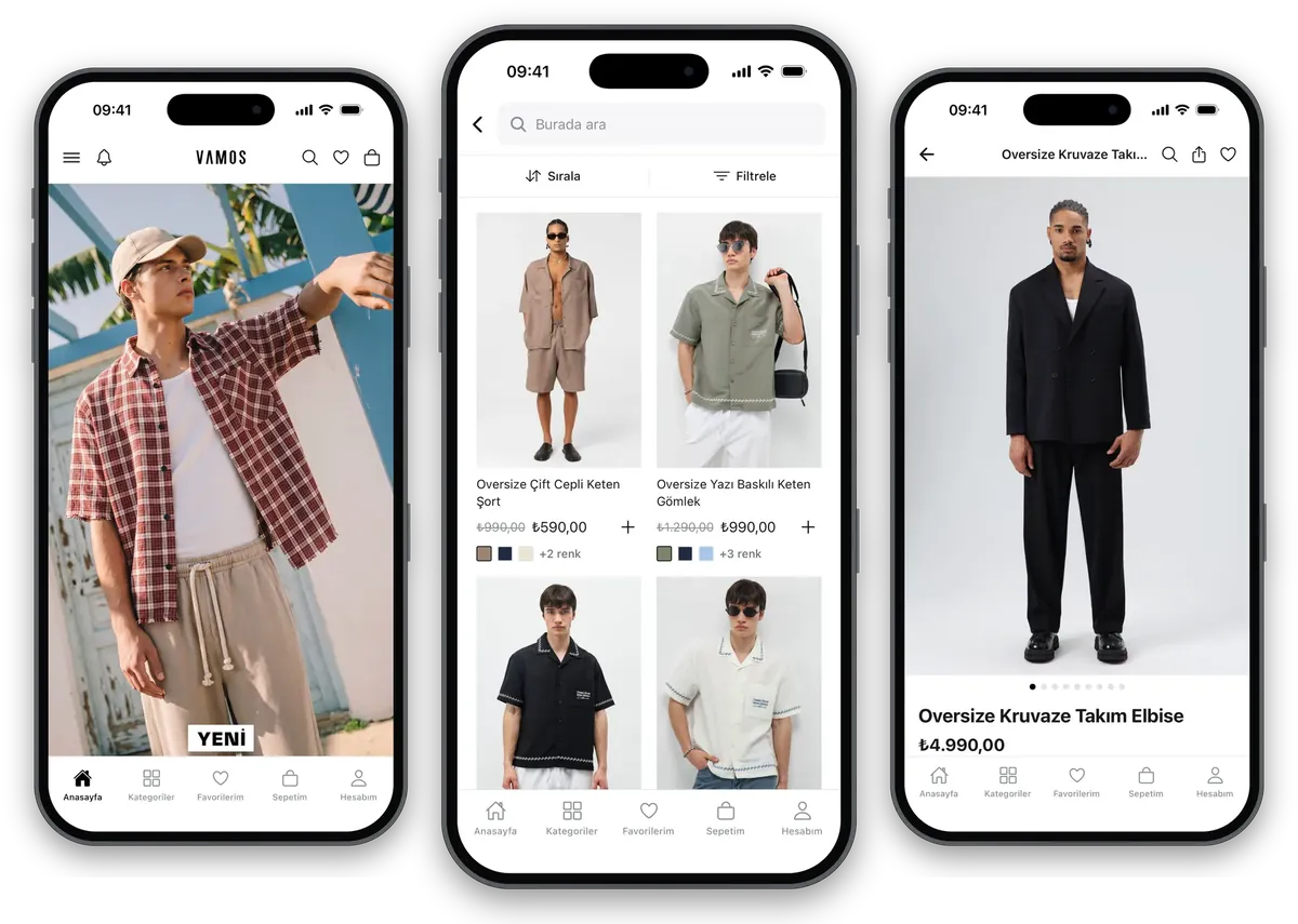 Mobile App von Vamos: Startseite, Kategorieliste und Produktseiten