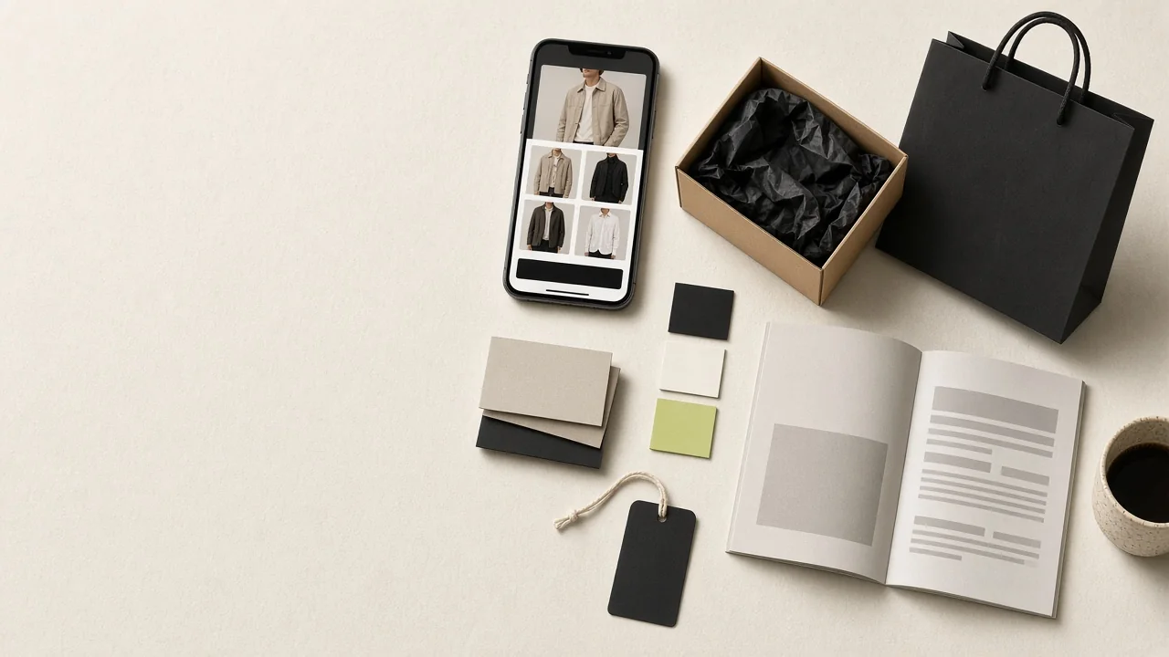 Brand set of logo cards, color swatches, brand guidelines, packaging and a mobile store screen