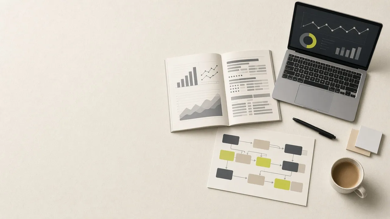 Ein aufgeschlagener Auditbericht auf dem Tisch, eine mit farbigen Blöcken gezeichnete Roadmap und ein Laptop mit geöffnetem Analyse-Dashboard