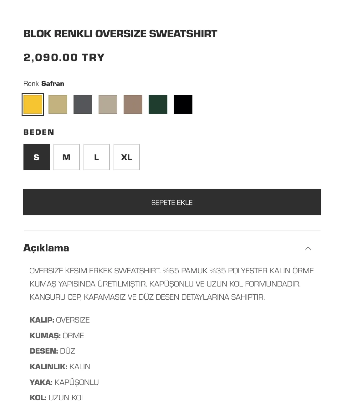 Ausschnitt einer Produktseite von Vamos: Oversize-Sweatshirt mit Farbblöcken, Farb- und Größenauswahl, darunter Zeilen zu Schnitt, Material, Muster, Stärke, Kragen und Ärmel