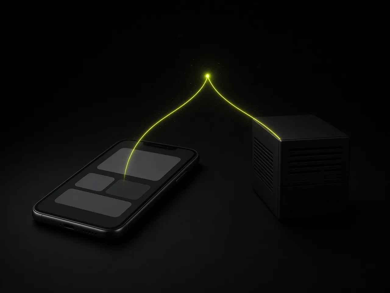 Zwei gelbgrüne Lichtlinien, die von einem Smartphone und einem Server ausgehen und sich auf dunklem Grund in einem Punkt treffen