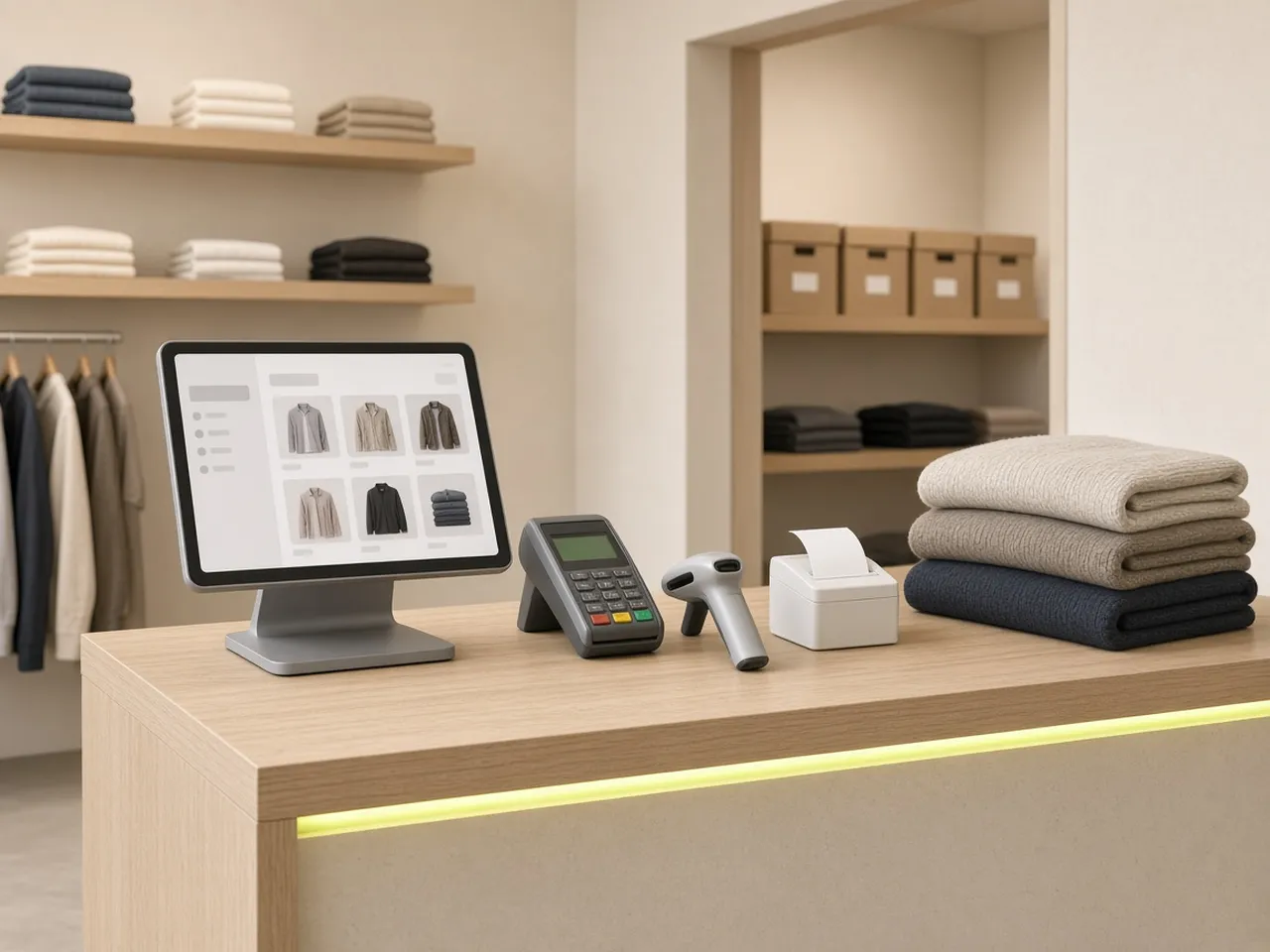 Store checkout counter: sales screen on a tablet, payment terminal, barcode scanner and receipt printer