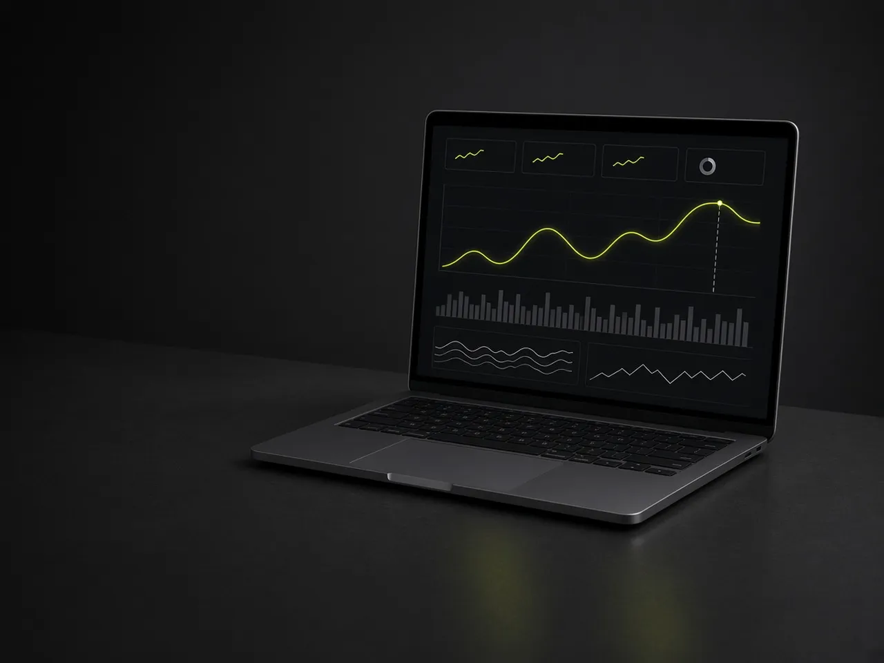 An open laptop on a dark desk, its screen showing an analytics dashboard of line and bar charts