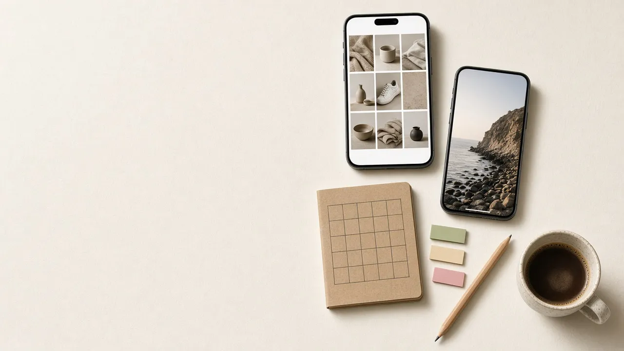On a light paper background: a phone showing a social media feed of product photos, a vertical video screen, a blank planner and coffee