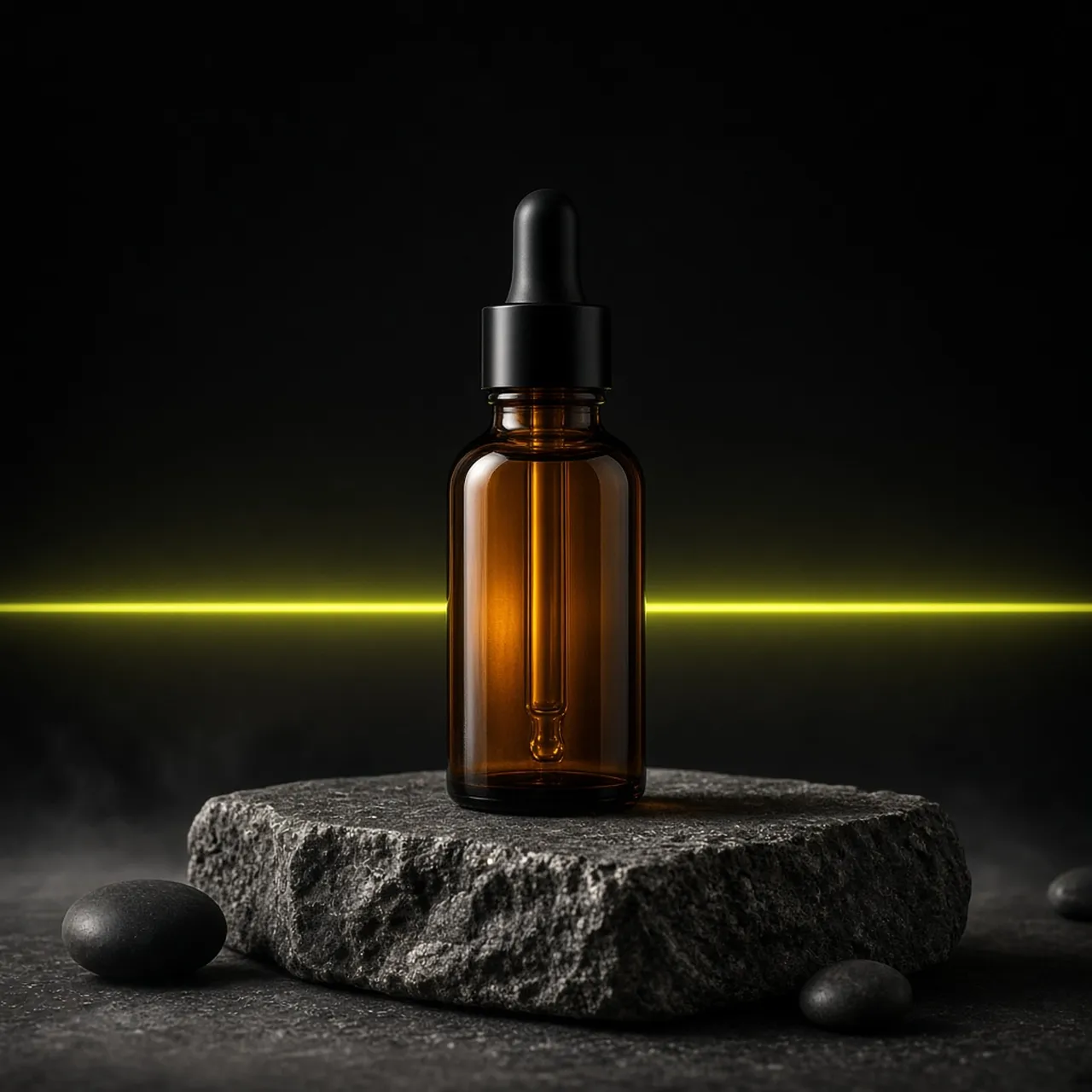 Unlabeled amber glass dropper bottle on a dark stone plinth, with a thin yellow-green line of light behind it